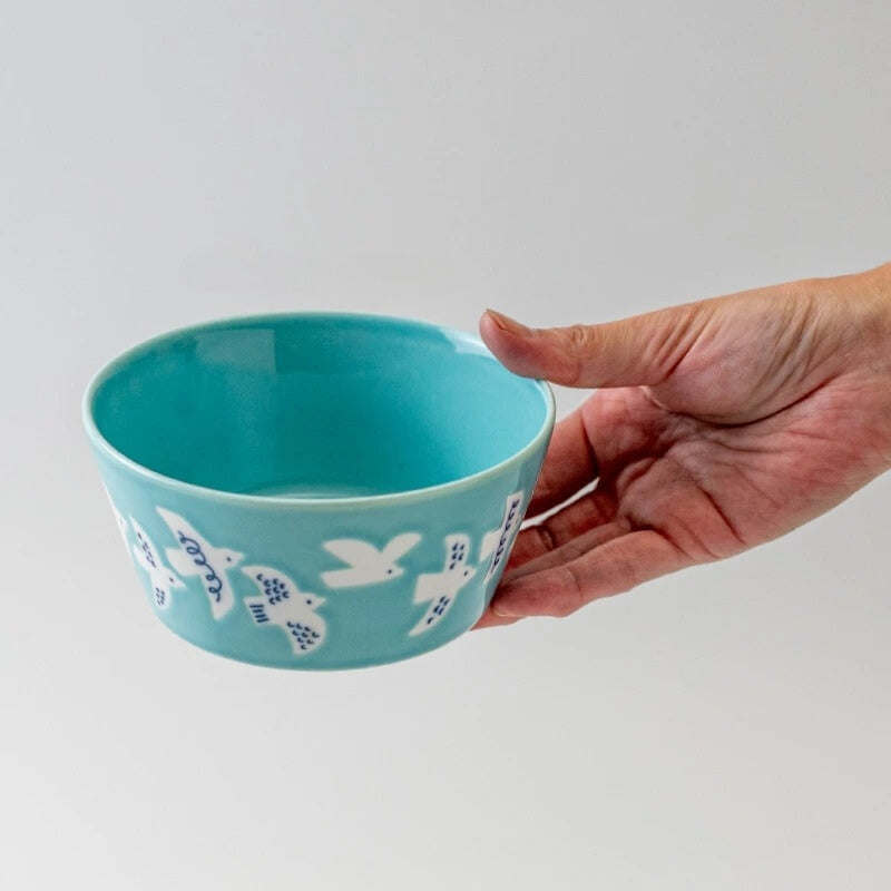 PLANTAREE / 13cm 日本陶瓷餐碗附蓋 / 白腹藍姬鶲 - Chop & Chew